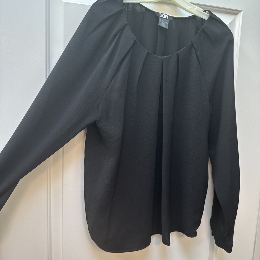 DKNY Blouse Women's XL Black Pleated Long Sleeve‎ Pullover